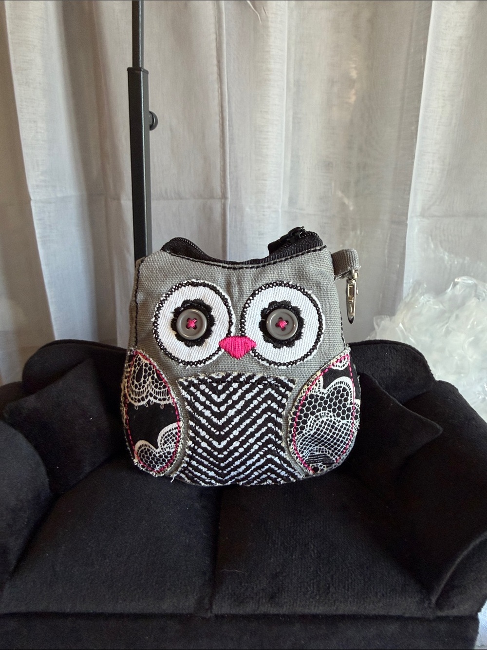 thirty-one Gray Owl Mini Coin Purse with Pink Accents